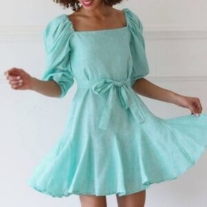 Mille linen green and white striped puff sleeve dress